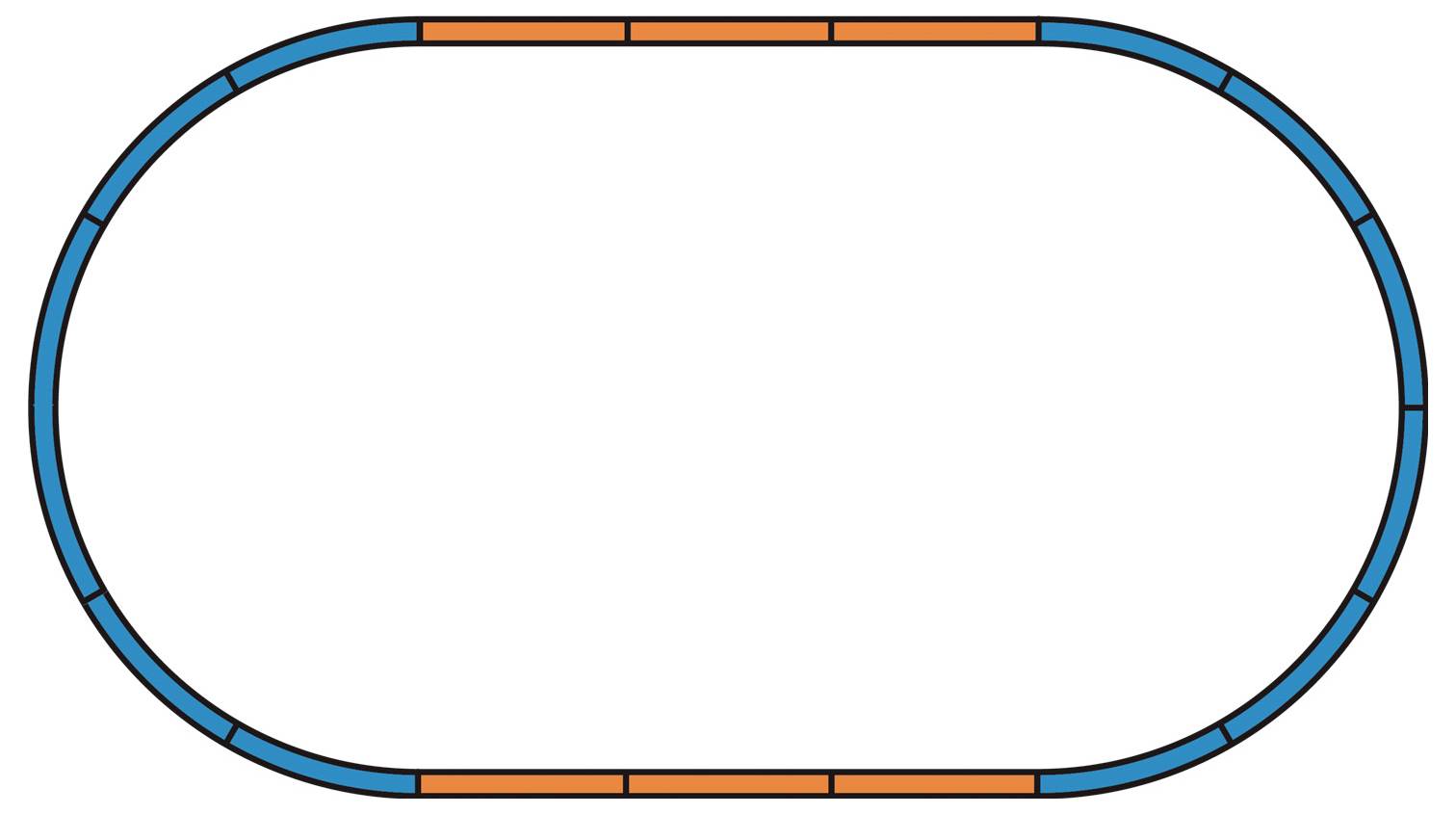 Piste ovale tracée de lignes bleues, interrompues par de courts segments oranges, sur un fond blanc.