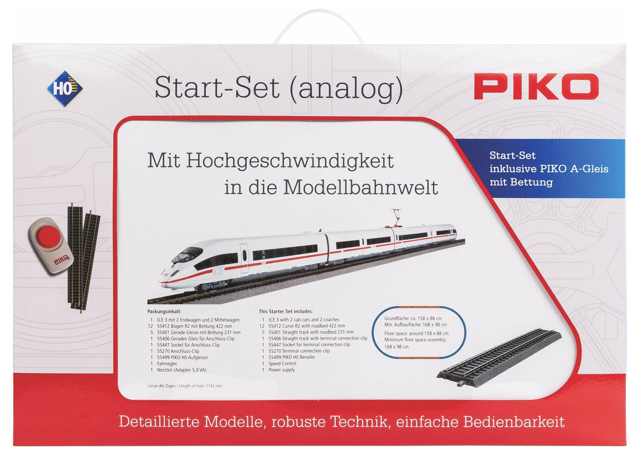 Coffret de départ pour train miniature, comprenant un train à grande vitesse, des rails et une commande. Inclut des voies PIKO A avec ballast.