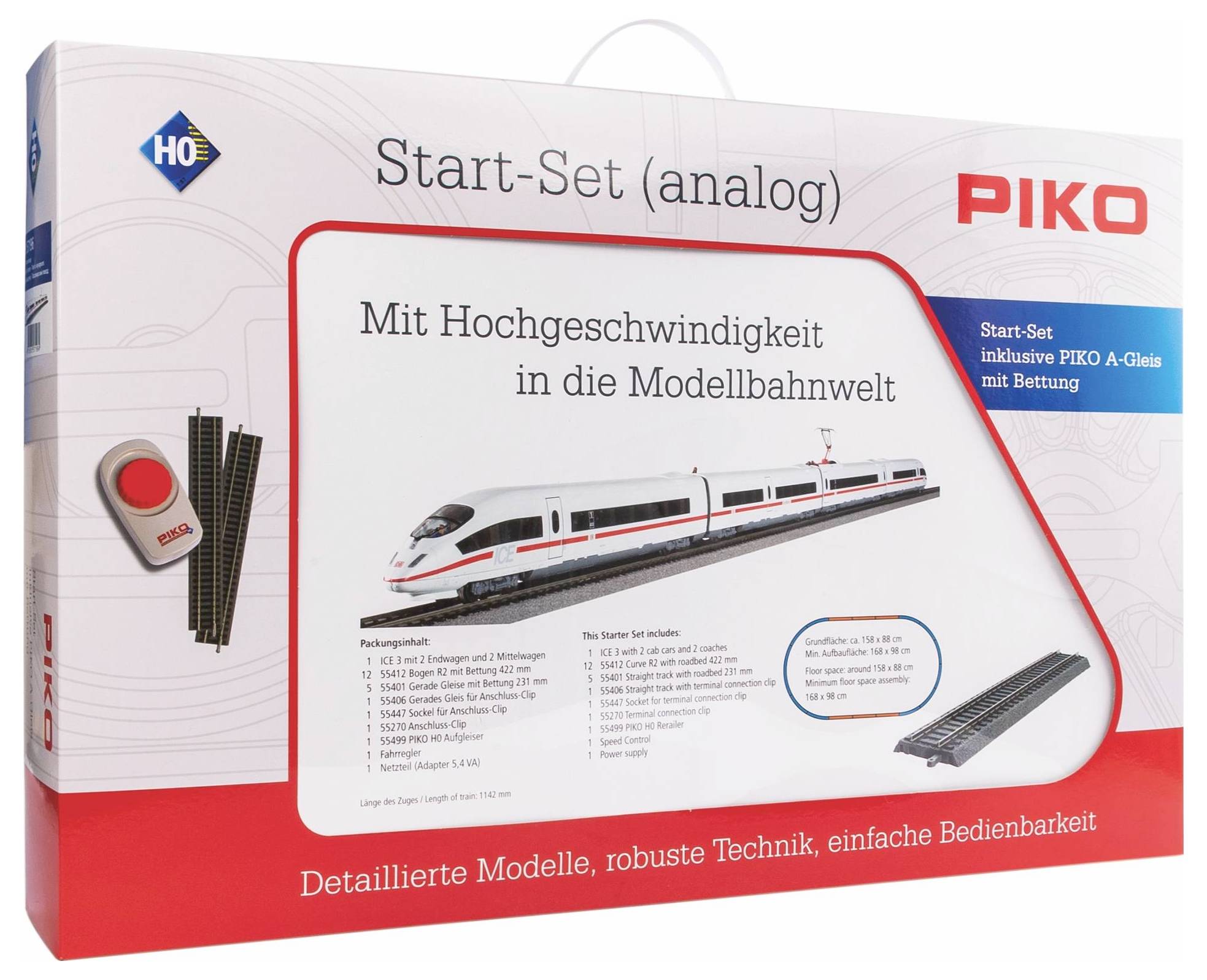 Coffret de démarrage (analogique) PIKO : Contient un modèle de train à grande vitesse, des rails et une commande. Pour débutants en modélisme ferroviaire.