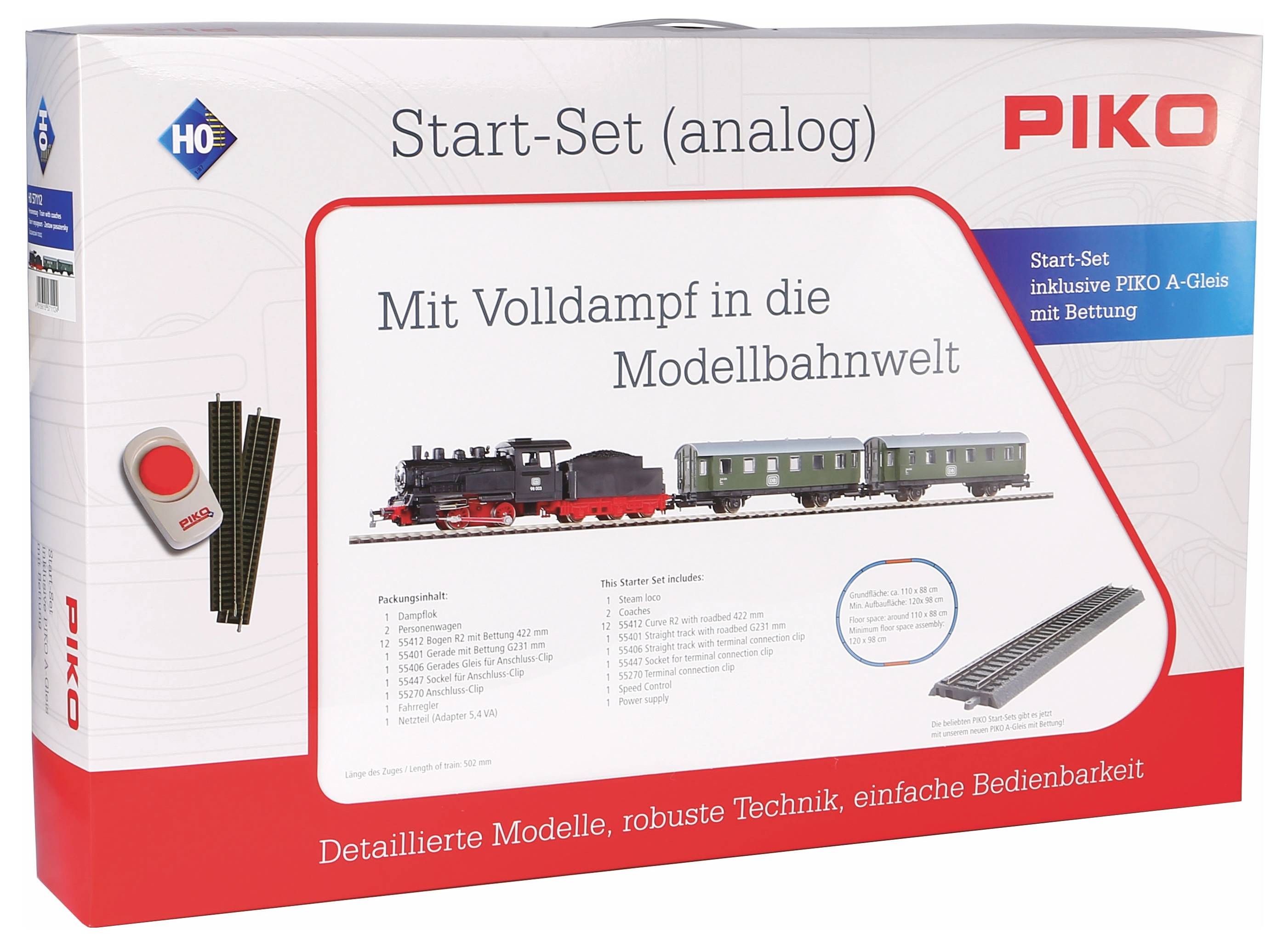 Coffret de démarrage pour train miniature avec locomotive à vapeur et wagons, incluant rails et unité de commande, compatible avec les systèmes analogiques.