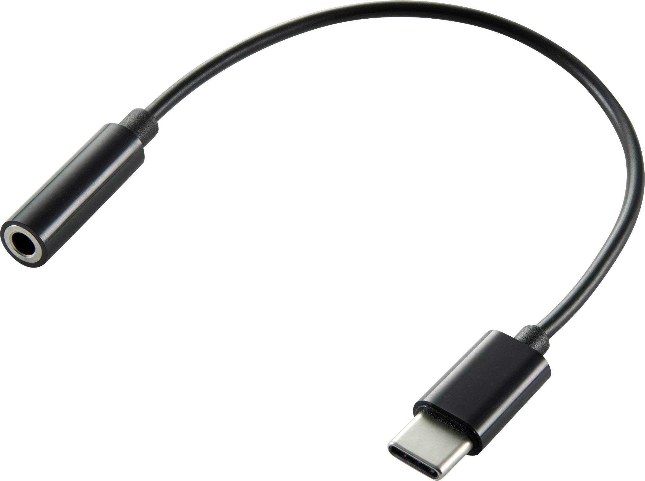 Câble noir avec connecteur USB-C à une extrémité et jack audio de 3,5 mm à l'autre, permettant de connecter des appareils audio.