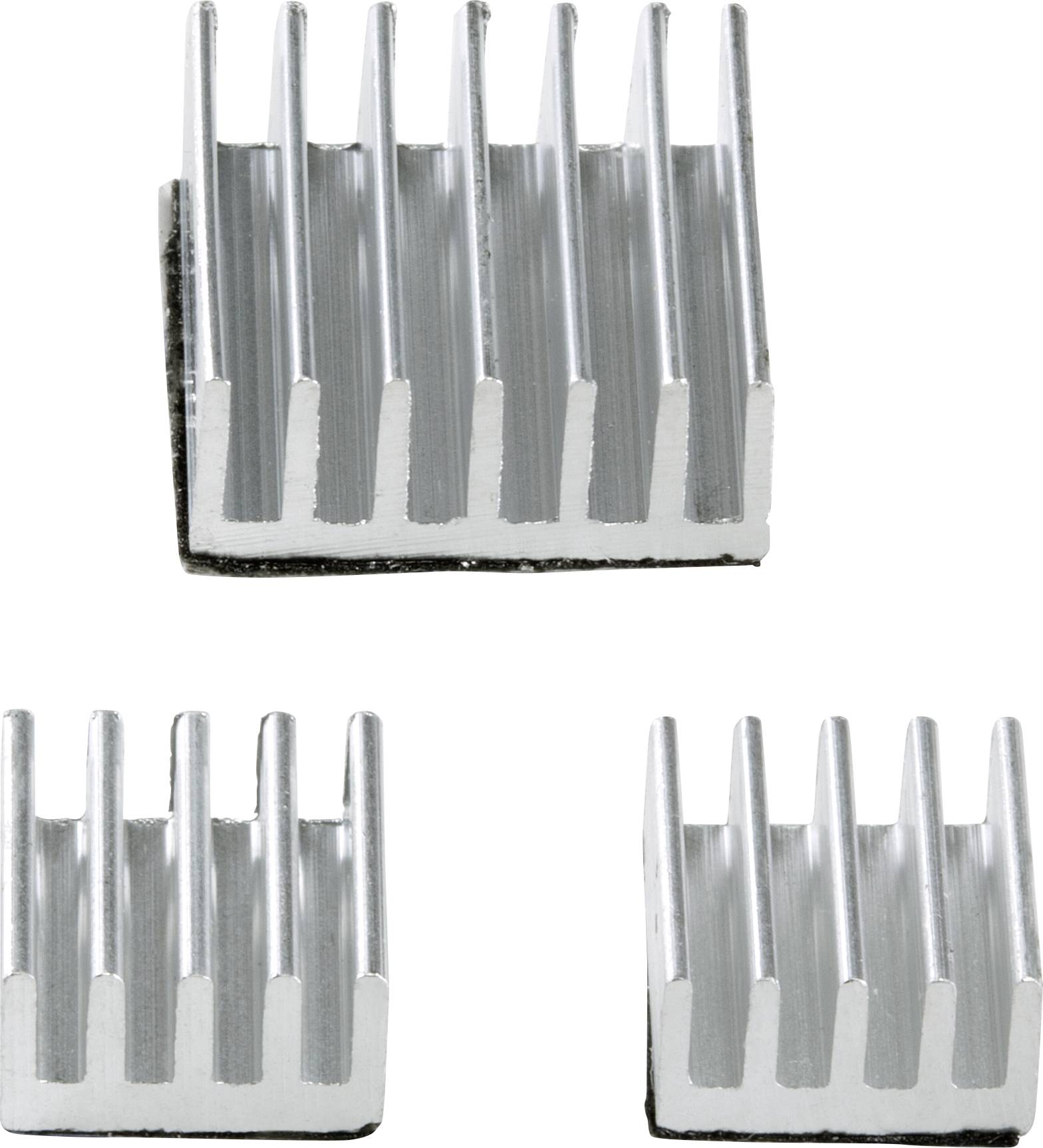 'Trois dissipateurs thermiques en aluminium argenté de différentes tailles. Ils ont une forme rectangulaire avec des ailettes verticales pour l'évacuation de la chaleur.'