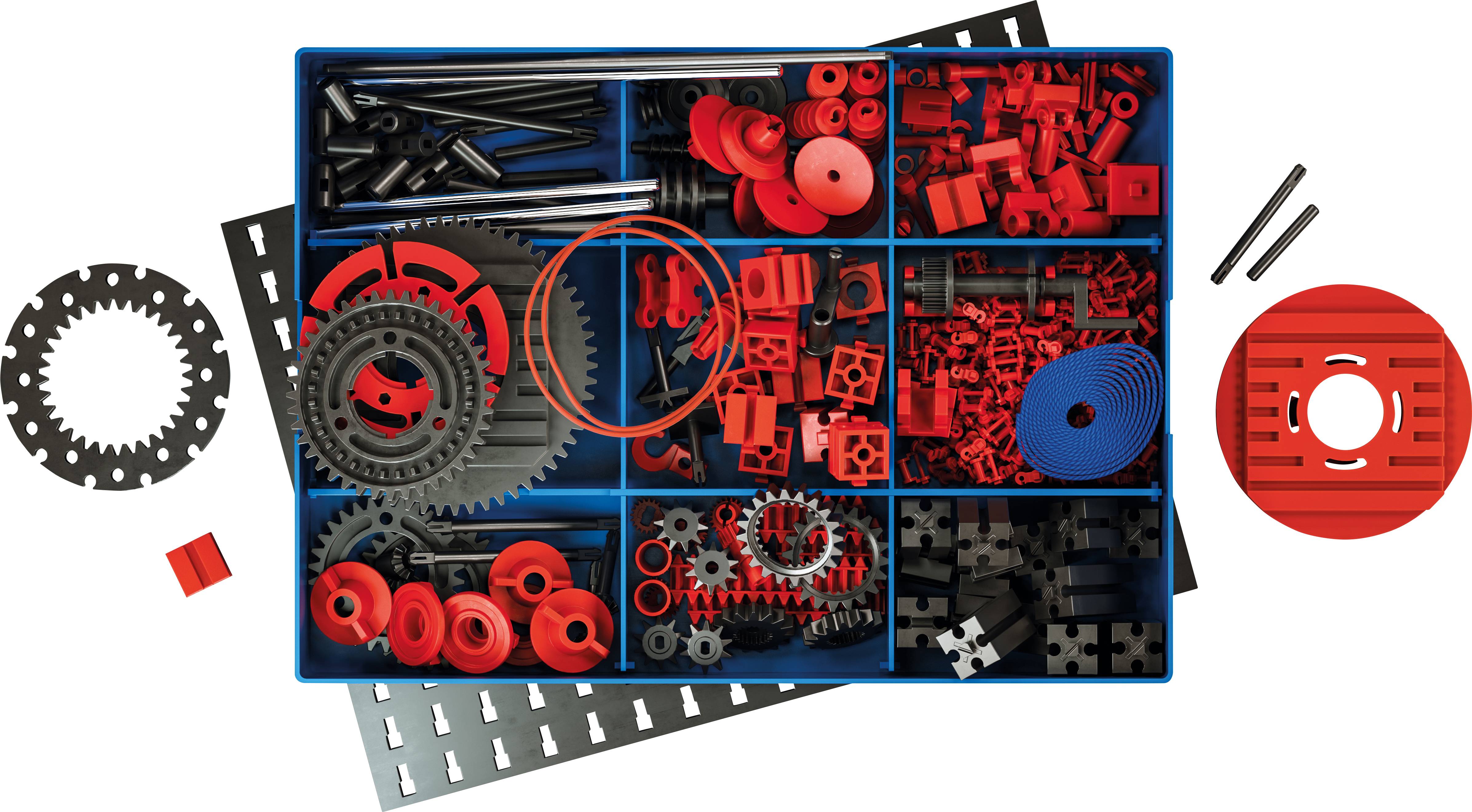 Une boîte bleue contenant divers accessoires de modélisme rouge et noir, dont des engrenages et des tiges, destinés à des constructions techniques.