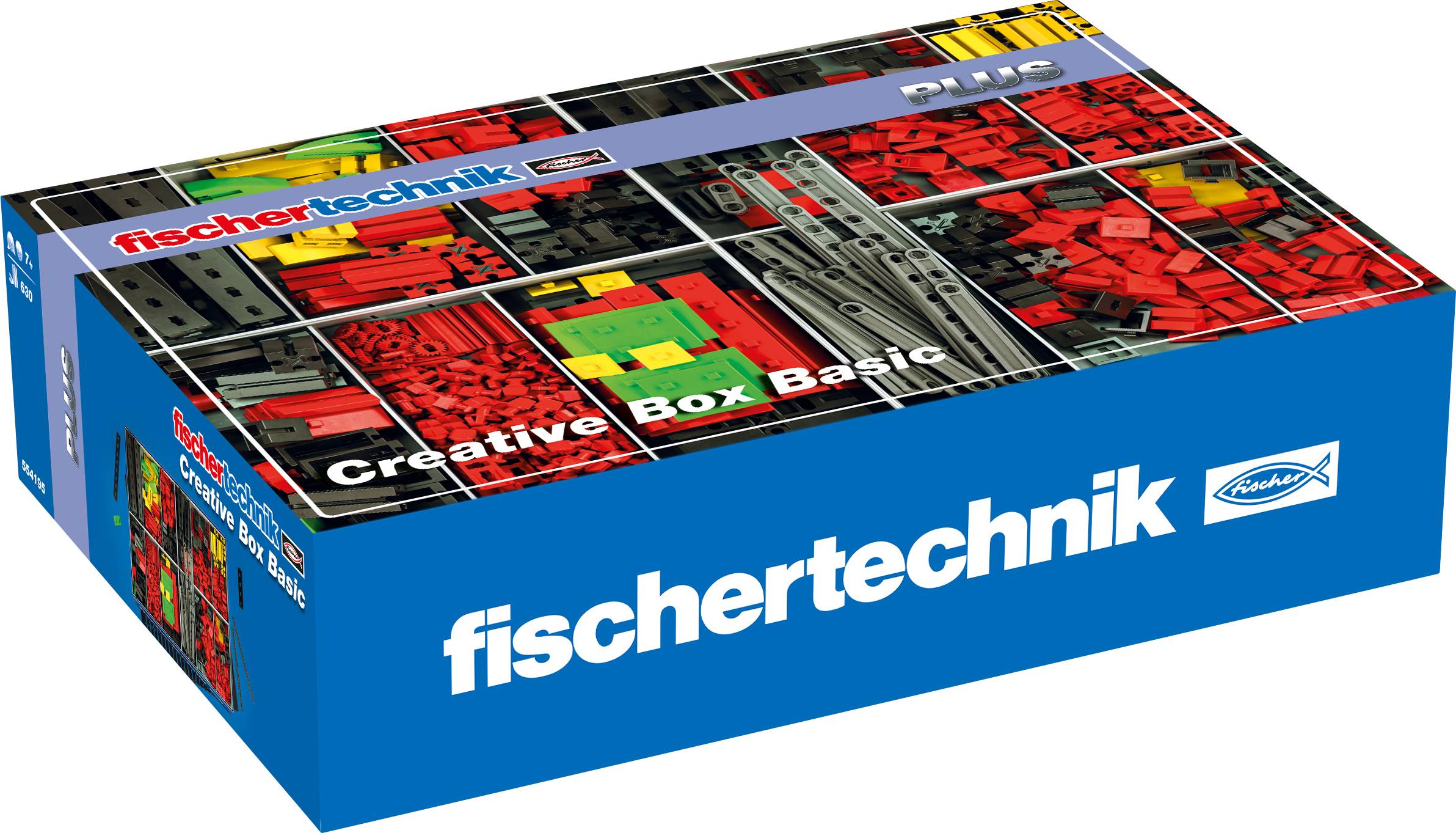 Boîte en carton portant l'inscription 'fischertechnik Creative Box Basic' montrant des blocs de construction colorés pour la création de modèles de jouets.