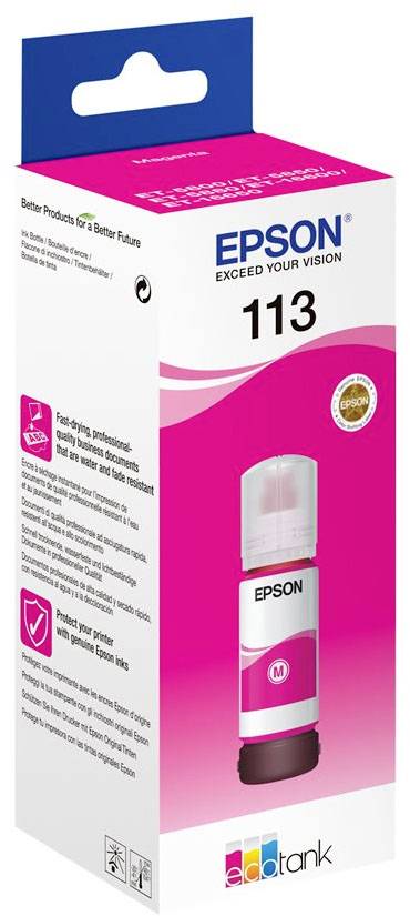 Bouteille d'encre Epson 113 en magenta, compatible avec les imprimantes EcoTank. L'emballage présente l'image du produit et le logo de la marque.