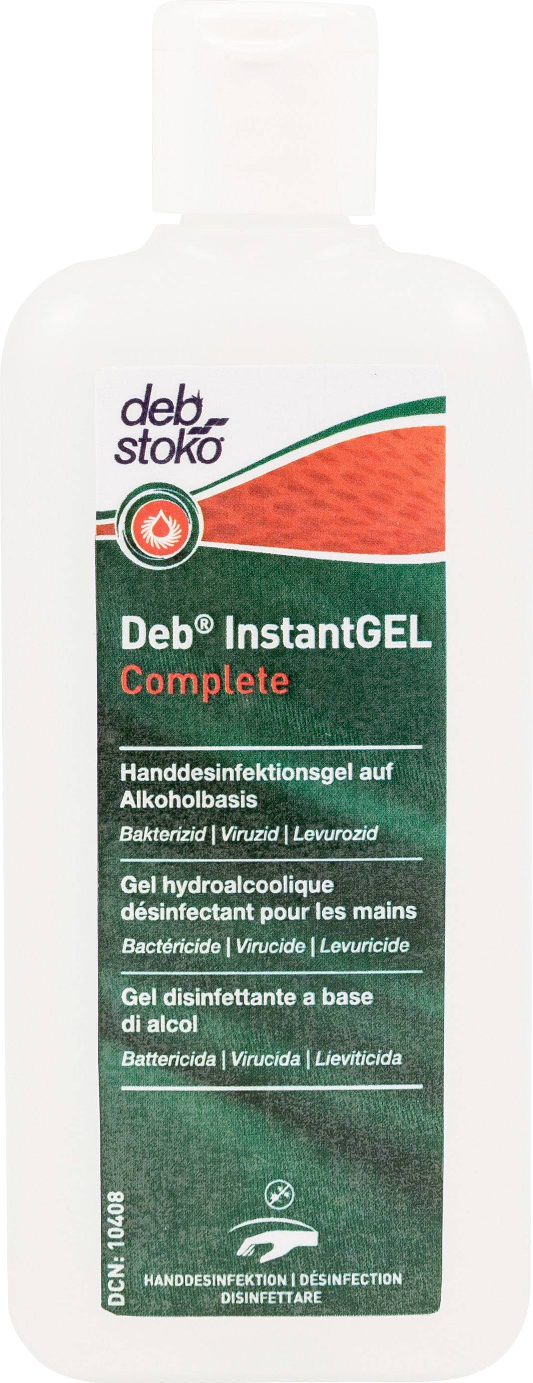 Bouteille de gel désinfectant avec étiquette verte, inscription 'Deb InstantGel Complete', à base d'alcool, antibactérien.