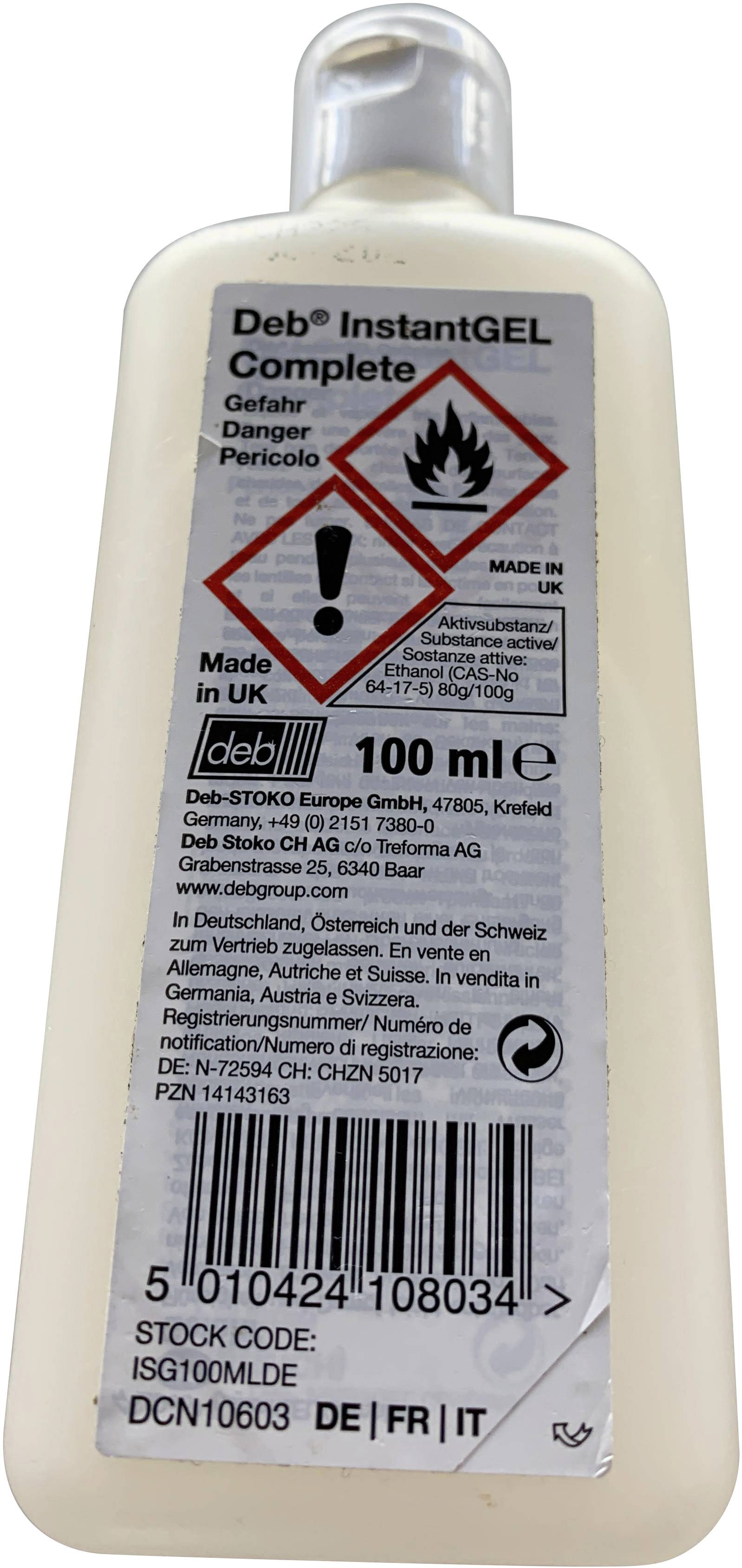 Bouteille de gel désinfectant transparent, avec avertissements 'Danger' et symbole de flamme. Volume 100 ml, fabriqué au Royaume-Uni. Codes-barres en bas.