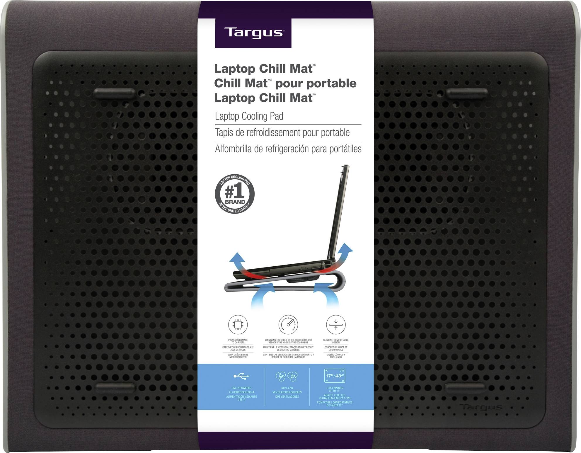Tapis de refroidissement pour ordinateur portable Targus dans son emballage, montrant une surface ventilée pour un refroidissement efficace.