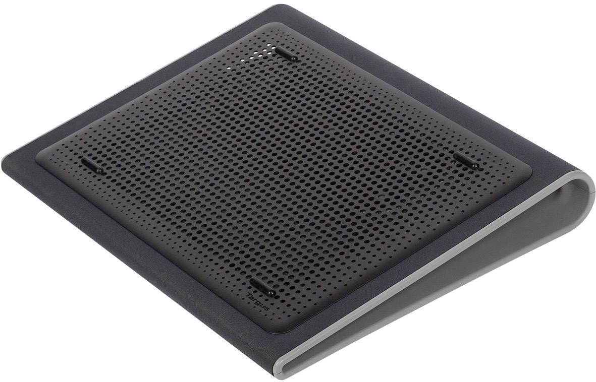 Un pad de refroidissement noir pour ordinateur portable, avec un design incliné et perforé pour une meilleure ventilation.