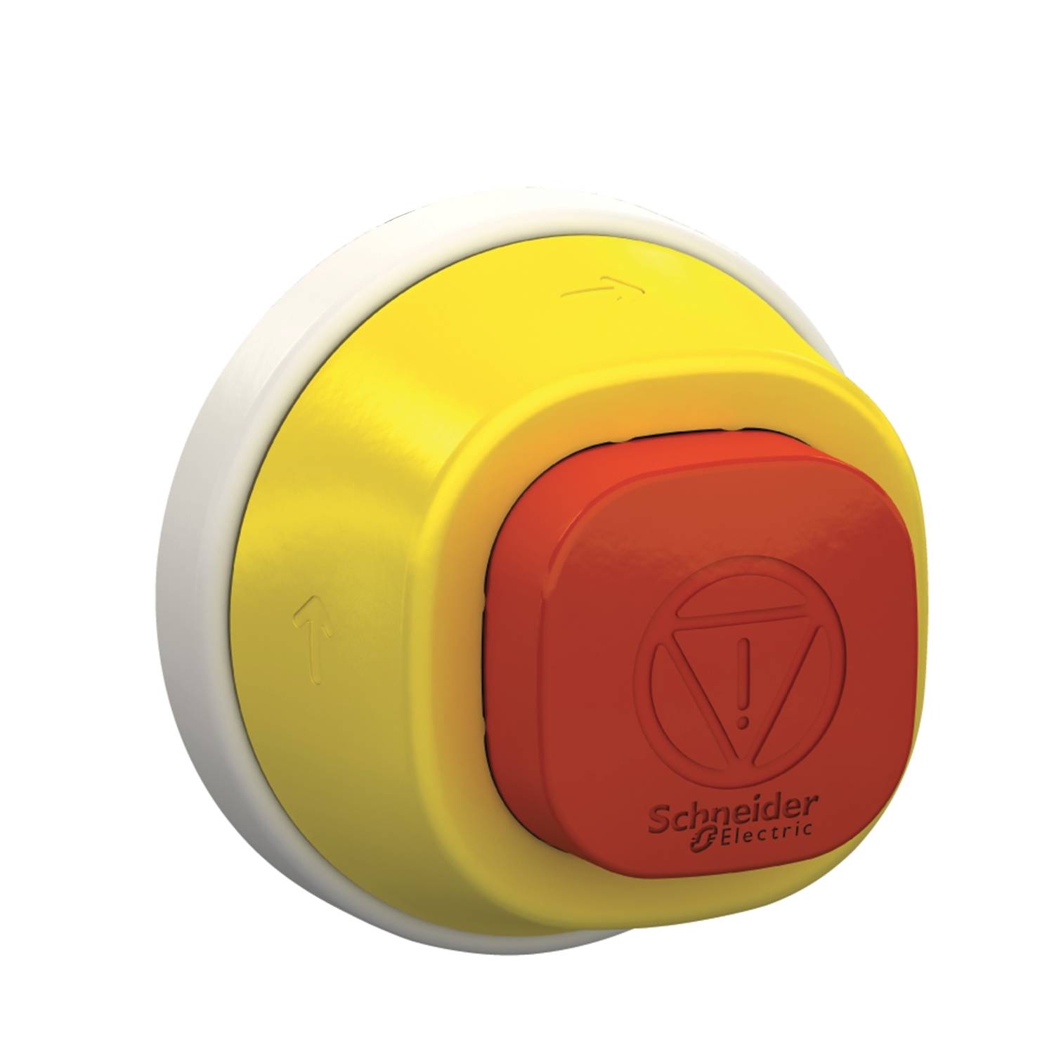 Bouton d'arrêt d'urgence jaune avec bouton rouge de Schneider Electric, utilisé pour l'arrêt rapide des machines en cas d'urgence.