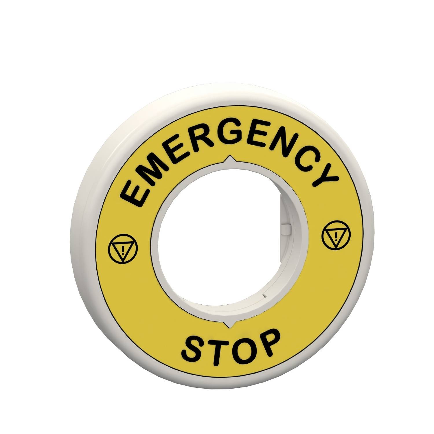 Bouton d'arrêt d'urgence 'Not-Halt' avec bordure jaune et inscription noire 'Emergency Stop', centré dans un cadre circulaire.