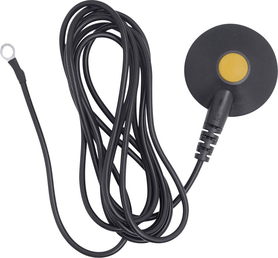 Capteur noir et jaune avec un long câble et un connecteur rond, probablement adapté à la mesure ou à la connexion dans des appareils électroniques.