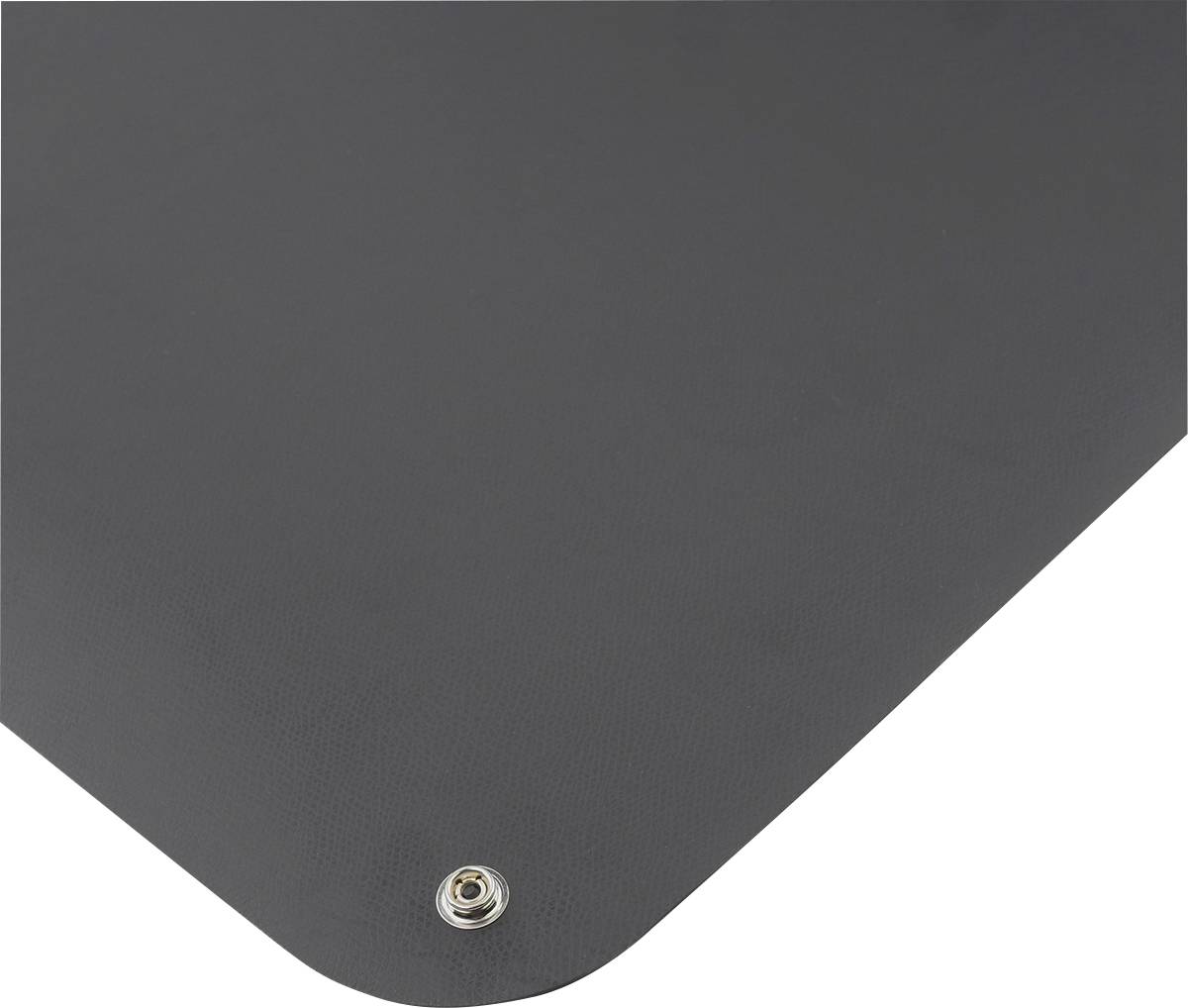 Un objet rectangulaire gris avec une boucle métallique dans un coin, probablement une partie d'un produit plus grand comme une couverture ou une bâche.