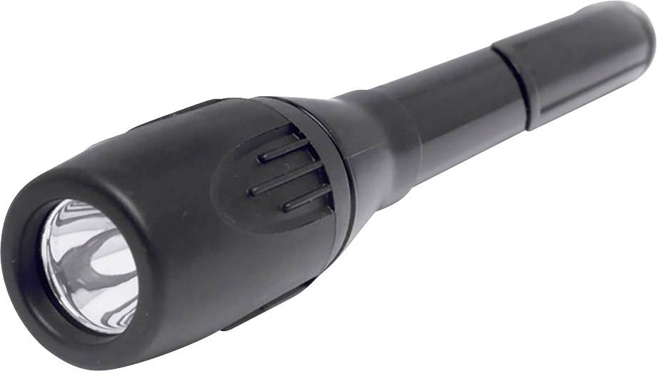 Lampe de poche noire avec une poignée étroite et une large tête lumineuse, adaptée aux sorties nocturnes ou aux situations d'urgence.