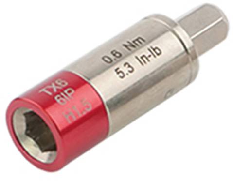 Embout hexagonal avec marquage rouge et argent, identifié par 'TX8', '6IP', 'H1.5', '0.8 Nm' et '5.3 In-lb'.