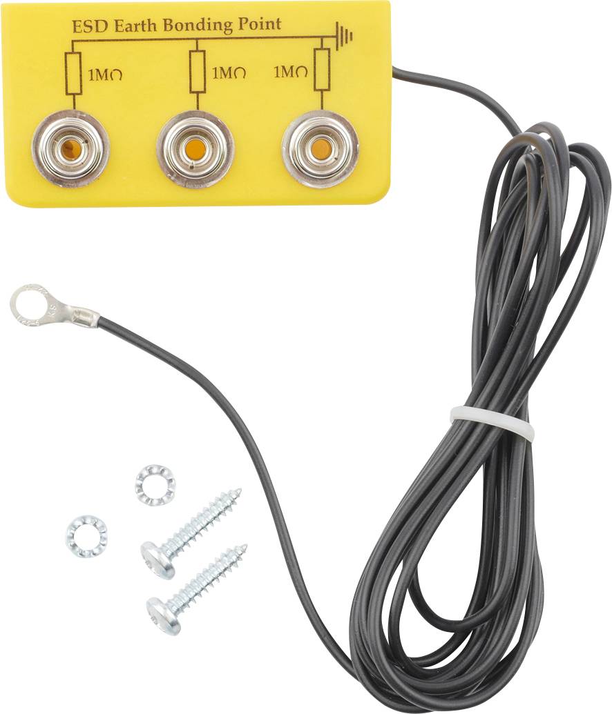 Module de mise à la terre jaune portant l'inscription 'ESD Earth Bonding Point', avec trois points de connexion, câble et deux vis de fixation.