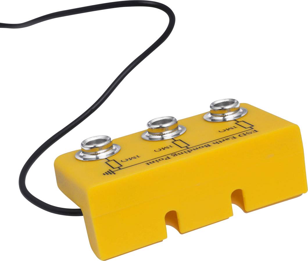 Boîtier en plastique jaune avec trois boutons métalliques et un câble noir, portant les inscriptions 'Up', 'Down', 'Reset', probablement un dispositif de commande.