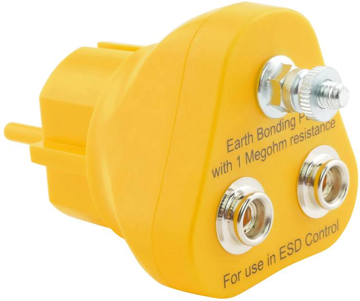 Dispositif de mise à la terre jaune avec deux emplacements et une vis, étiqueté 'Point de liaison de terre' et 'À utiliser dans le contrôle ESD'.