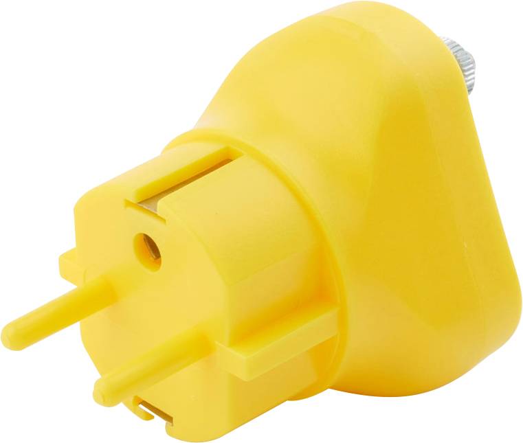 Un adaptateur de prise jaune, tripolaire, sans autres marquages ou logos visibles.