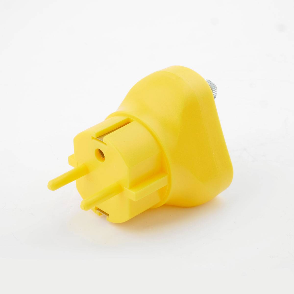 Une fiche adaptateur jaune avec deux broches de contact rondes et un dispositif de mise à la terre, sur un fond blanc.