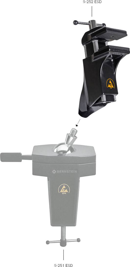 Pince de table ESD 9-252 en haut, amovible. En dessous, support de table ESD 9-251. Les deux en noir, avec logo ambre, pour un travail antistatique.