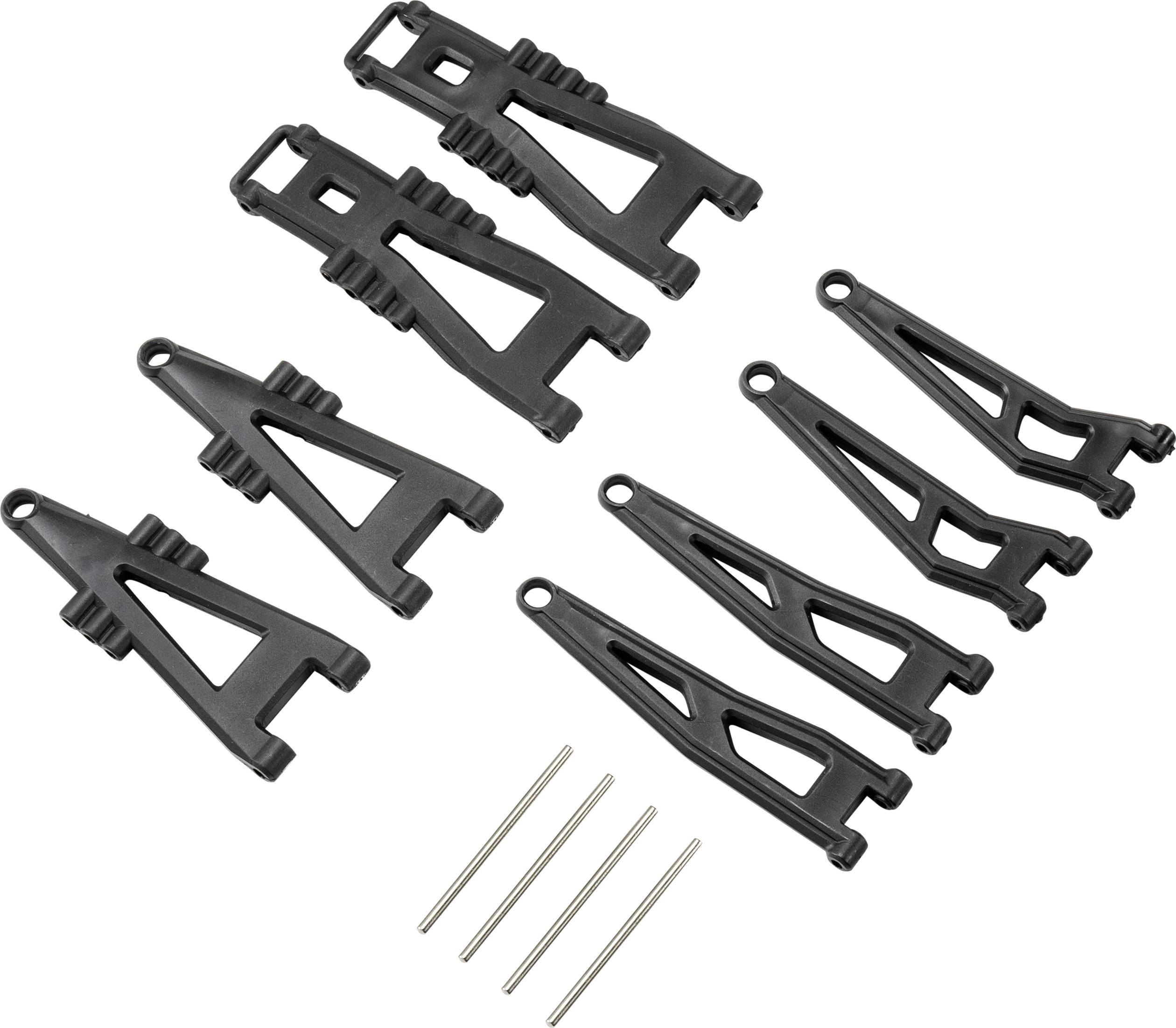 Huit pièces en plastique noir de formes différentes et quatre fils métalliques, probablement des éléments d'un kit de construction ou d'un modèle.