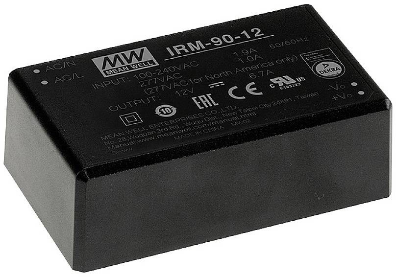 Alimentation électrique 'Mean Well IRM-90-12' en noir. Entrée : 100-240V AC, 1A. Sortie : 12V, 7,5A. Certificats : CE, TUV, UL.