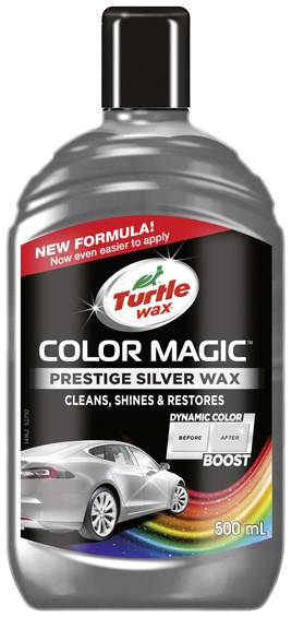 Bouteille de Turtle Wax Color Magic, cire automobile pour peintures argentées, 500 ml. Promet nettoyage, brillance et ravivage de couleur.