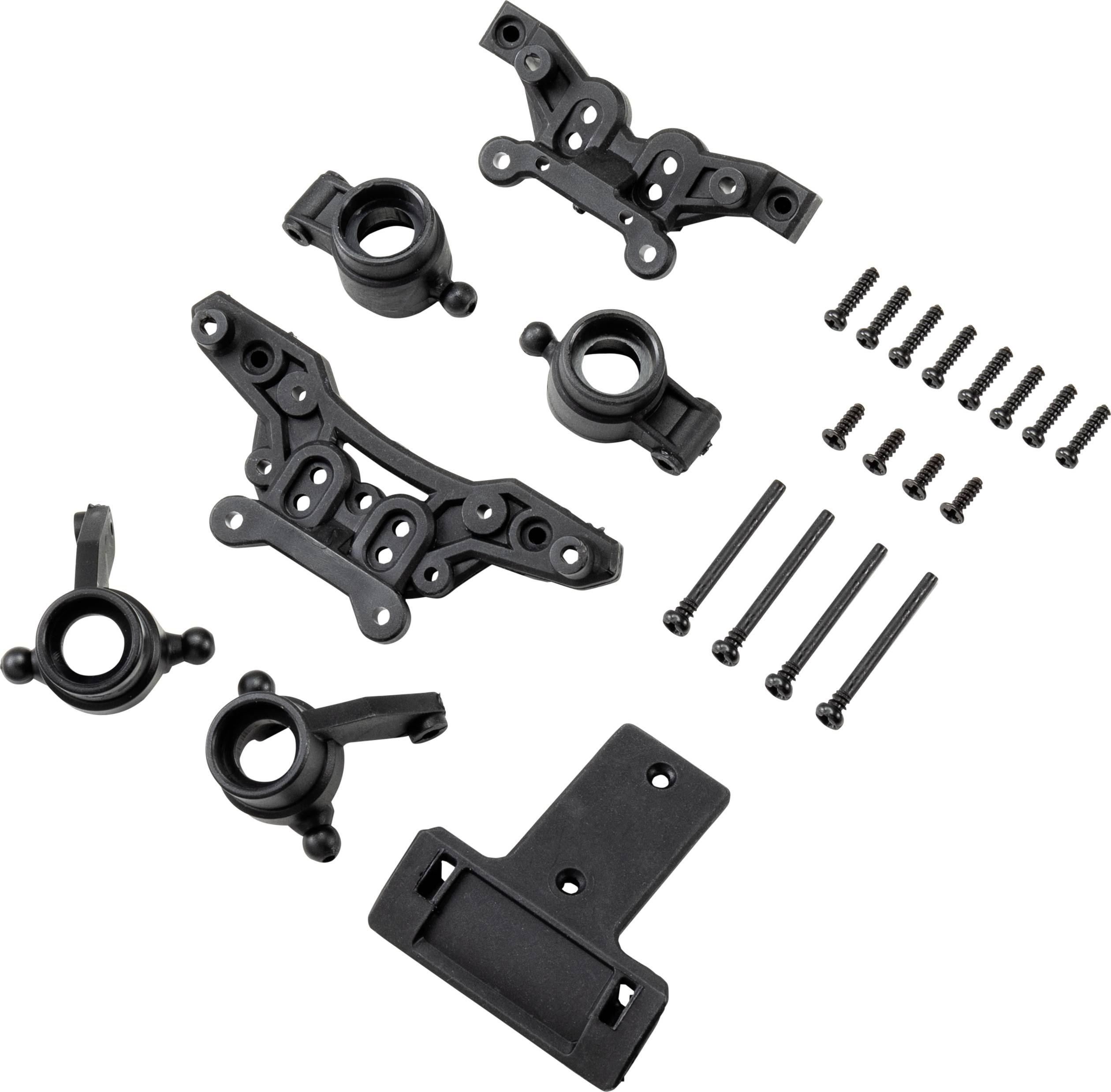 Pièces en plastique noir et vis d'un kit de modélisme, probablement destinées à la suspension d'une voiture miniature.