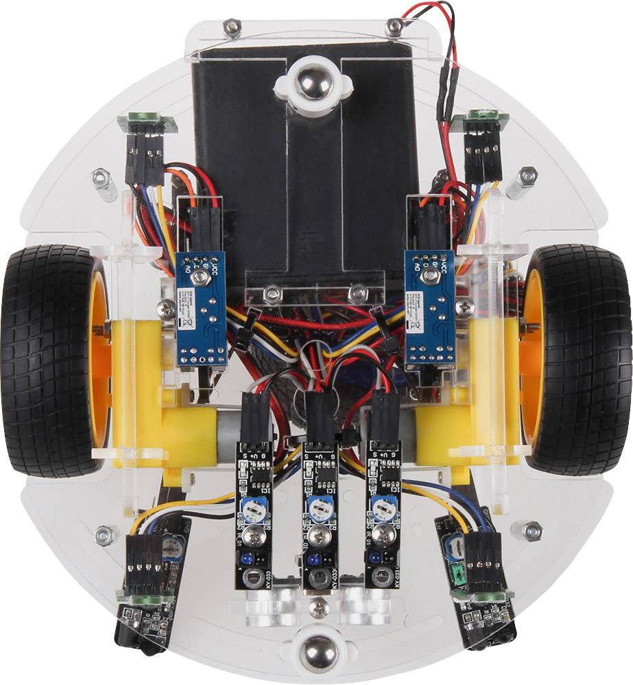 Un robot rond sur deux roues, équipé de plusieurs capteurs et câbles, vu de dessus.