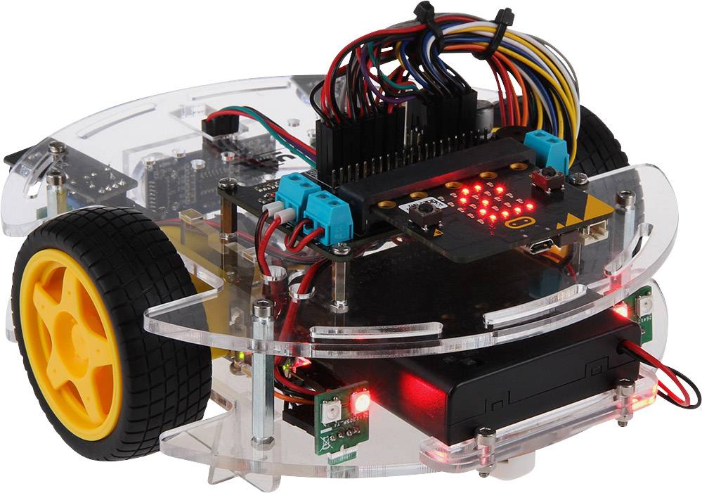 Un petit robot transparent à deux roues, équipé de composants électroniques et doté de voyants LED lumineux sur le dessus.