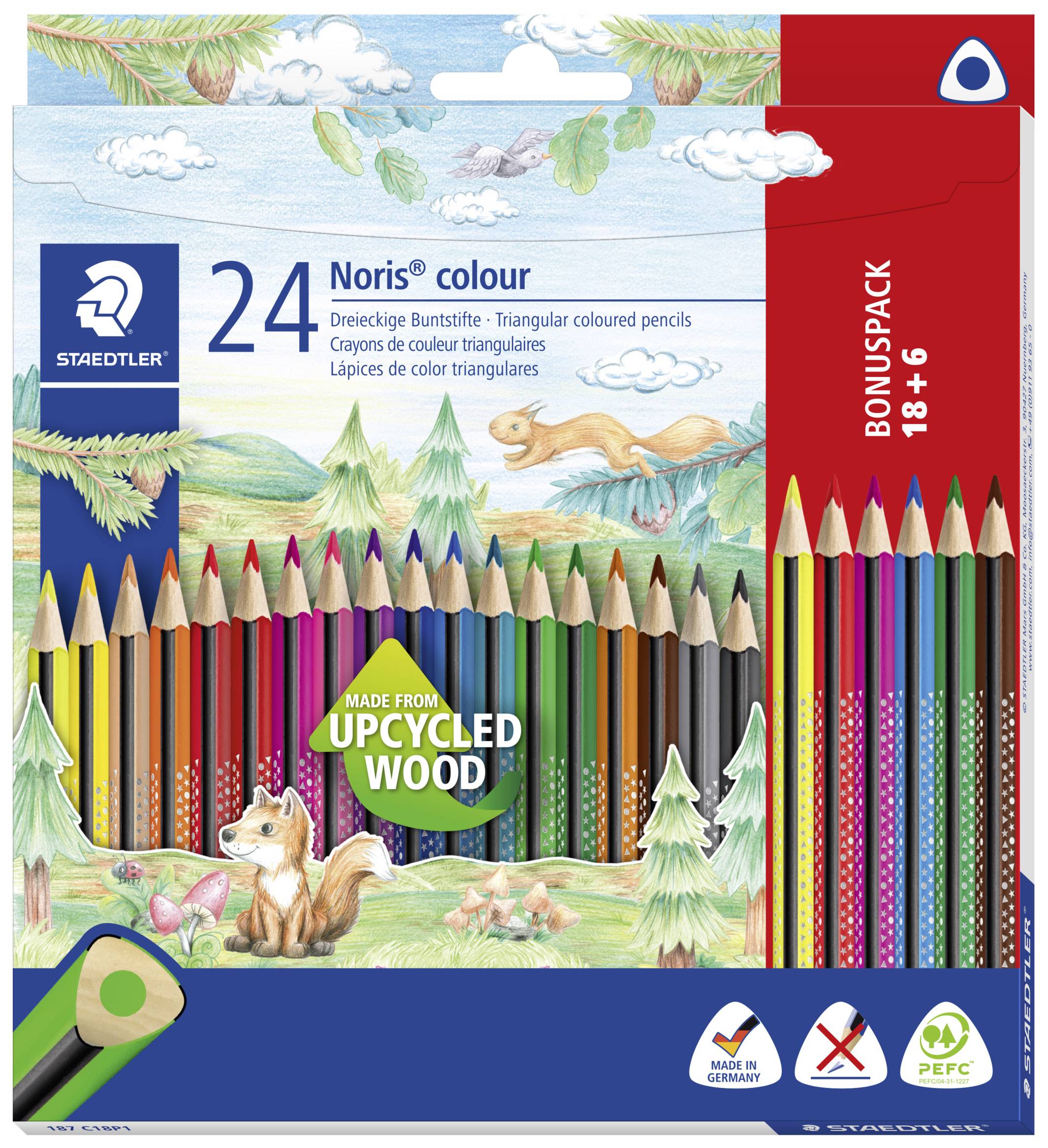 Un coffret de 24 crayons de couleur triangulaires en bois recyclé de Staedtler, avec des illustrations de forêt et un renard sur l'emballage.