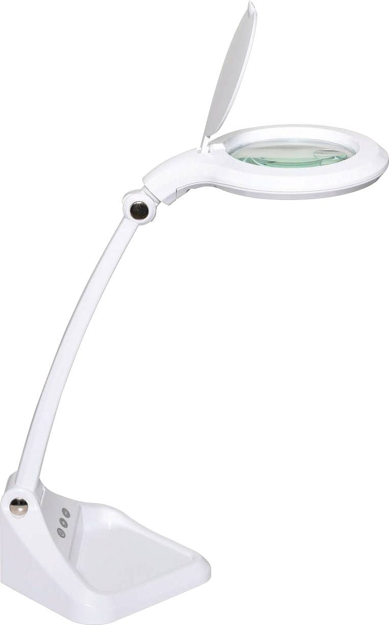 Une lampe de table blanche avec support flexible et loupe intégrée sous l'abat-jour, idéale pour la lecture et les travaux de précision.