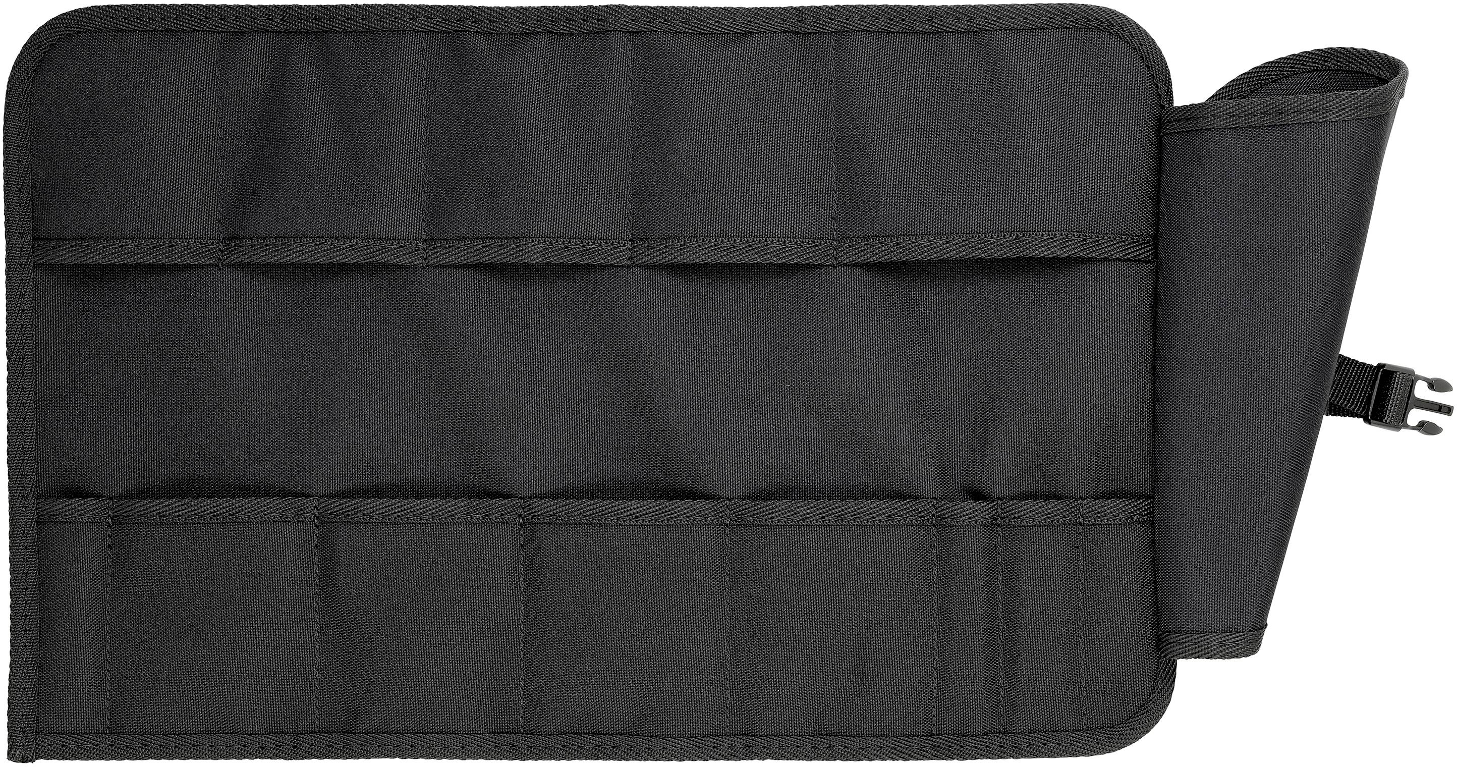 Sac à outils noir, déroulant, avec plusieurs compartiments, idéal pour le rangement des outils et accessoires.