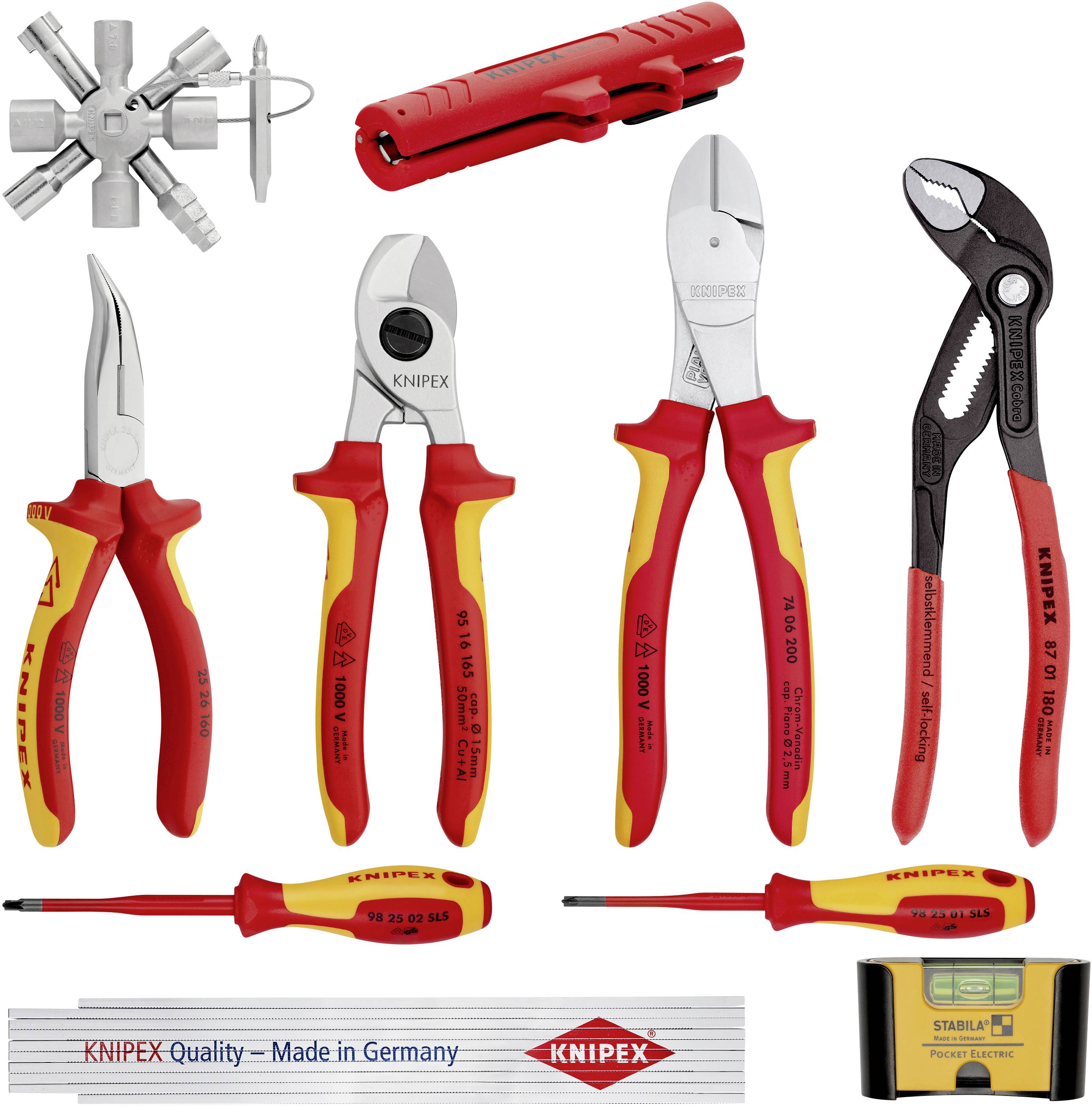Illustration de différents outils Knipex, comprenant des pinces, des tournevis et un coupe-câble, tous avec des poignées rouges et jaunes.