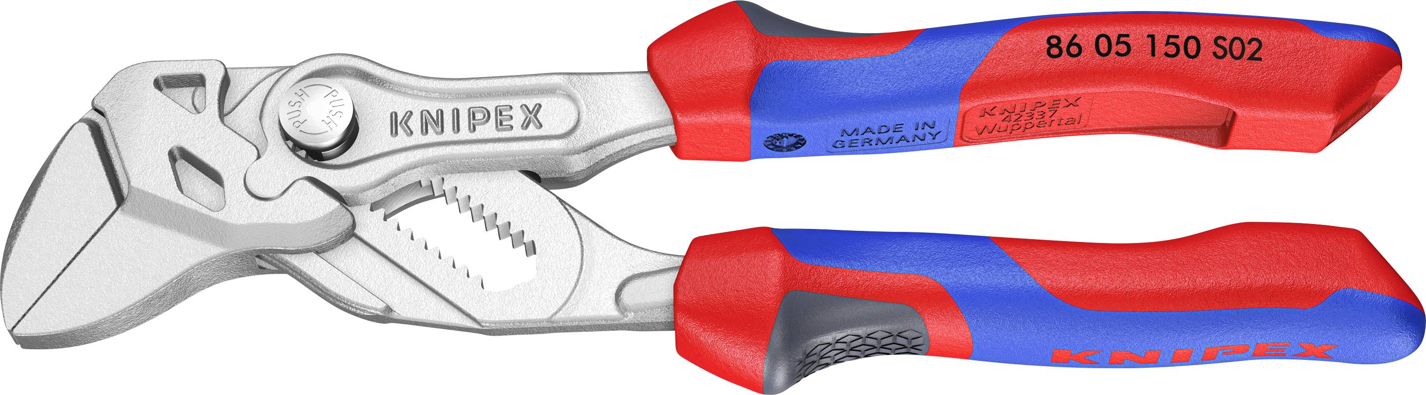 Pinces Knipex fabriquées en Allemagne, avec des poignées ergonomiques rouges et bleues, équipées d'une mâchoire métallique argentée conçue pour les tâches de serrage et de coupe.