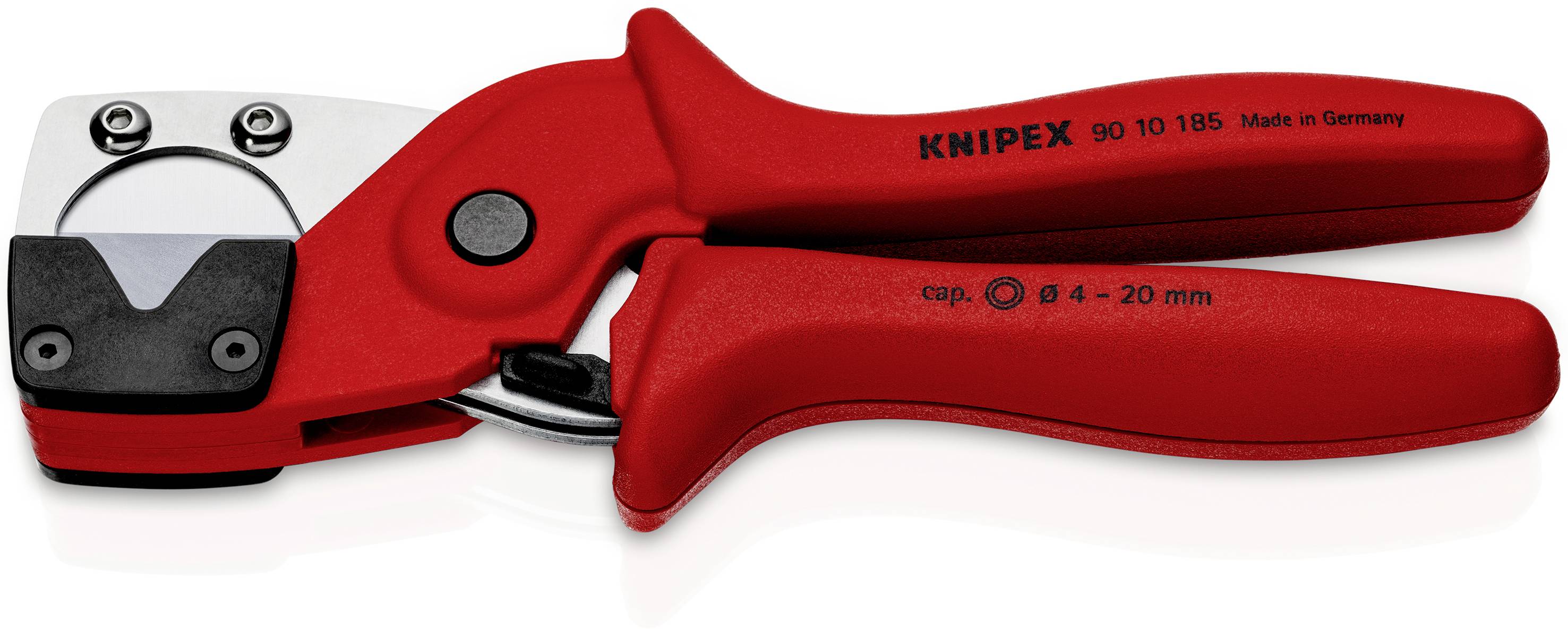 Ciseau à câbles rouge portant l'inscription 'KNIPEX', adapté pour des diamètres de câbles de 4 à 20 mm. Fabriqué en Allemagne.