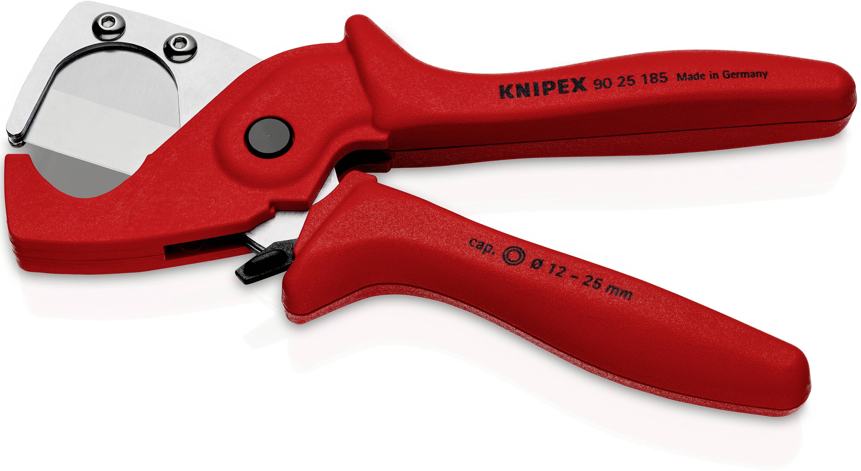 Ciseaux de câble rouges avec lame de coupe noire et bouton noir. Inscription : « KNIPEX 90 25 185 » et « cap. Ø 12-25 mm ».