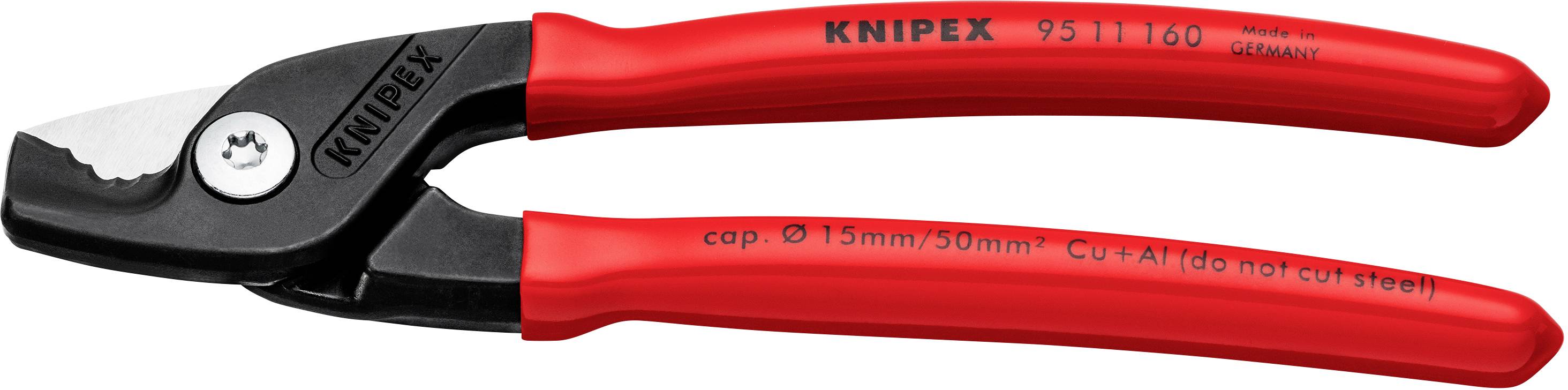 Coupe-tubes KNIPEX rouge avec tête de coupe noire, adapté pour les tubes de 15 mm à 50 mm de diamètre, marqué 'cup' et 'sp' sur les poignées.