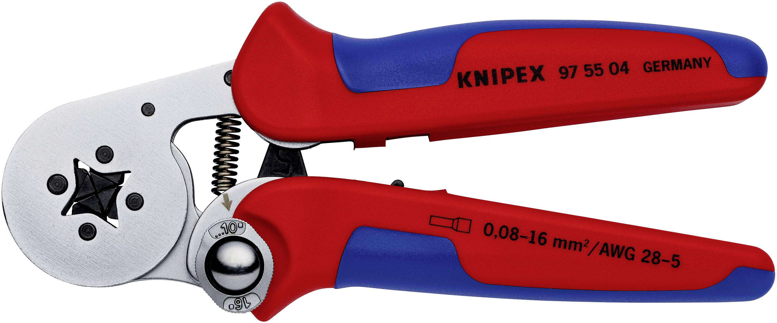 Pince à sertir avec poignée rouge et bleue, adaptée pour les câbles de 0,08-16 mm². Le nom du fabricant et le numéro de modèle sont imprimés.