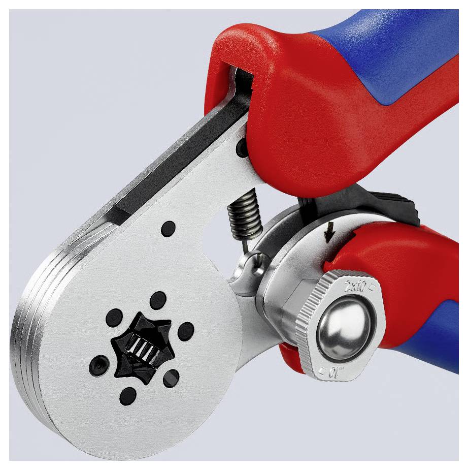 Outil de sertissage Knipex rouge et bleu avec une tête métallique, conçu pour le sertissage de embouts de fil, affichant le numéro de modèle 97 55 14.