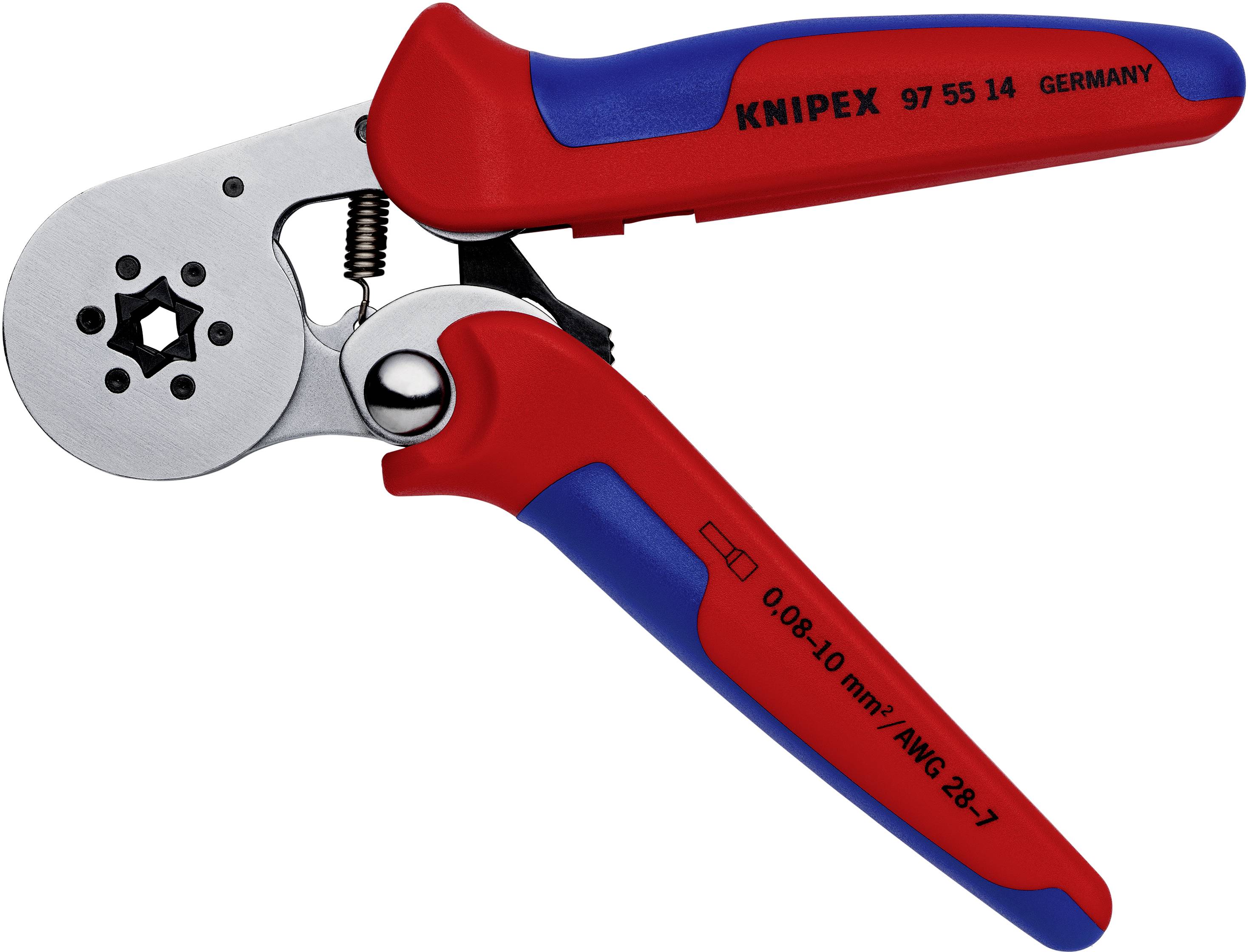 Pince à main avec poignée rouge et bleue. Inscription 'KNIPEX 97 55 14 GERMANY' et '0,08-10 mm² / AWG 28-7'.