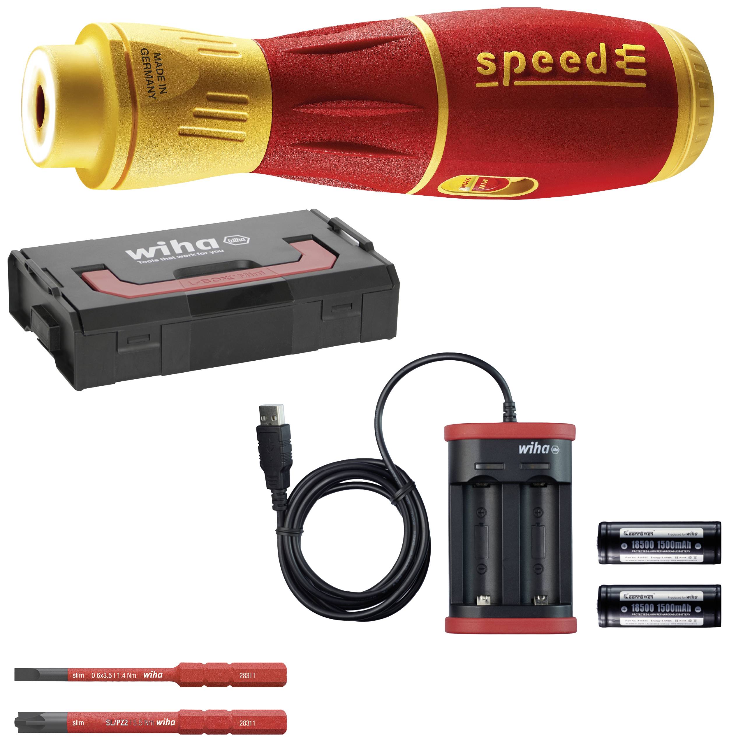Tournevis électrique 'speedE' de Wiha, couleur rouge et jaune, avec accessoires : chargeur de batterie, câble USB, embouts de rechange, batteries. Idéal pour un travail précis.