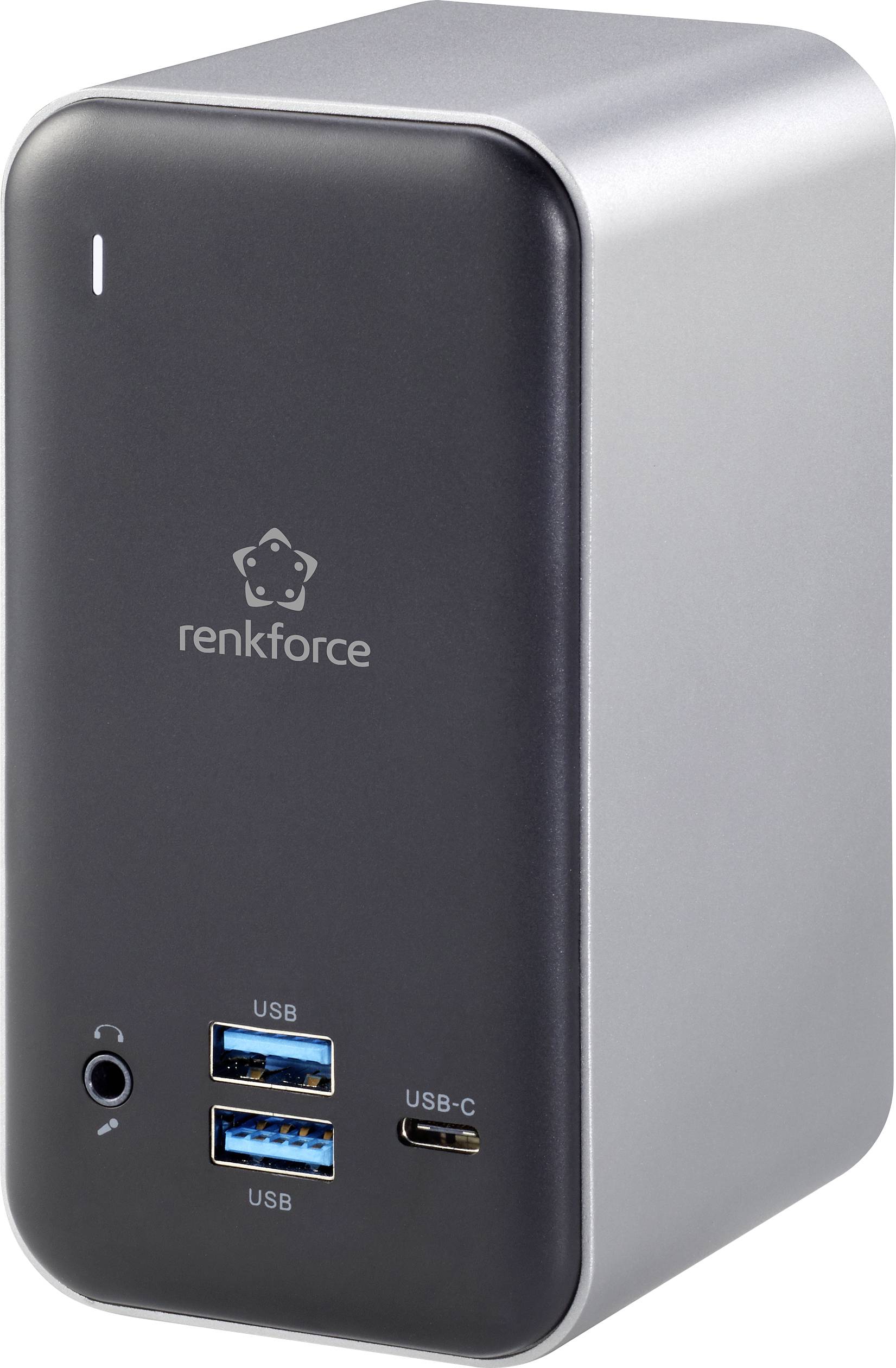 Un dock renkforce noir et argenté avec deux ports USB et un port USB-C à l'avant, à côté d'une prise casque.
