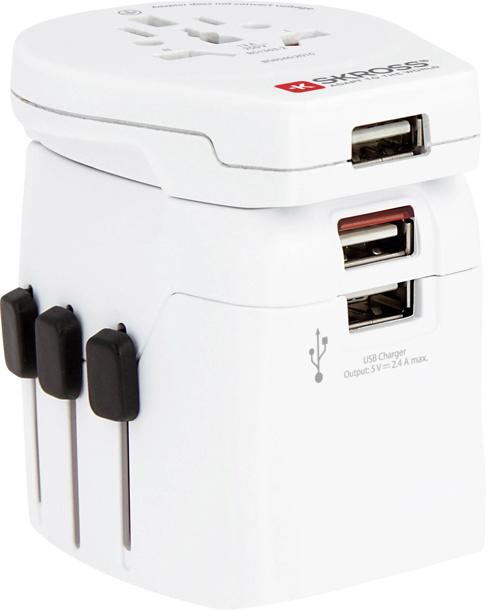 Adaptateur de voyage avec ports USB et interrupteurs. Compatible avec les formats de fiches internationaux. Adapté aux voyages et à la recharge d'appareils.