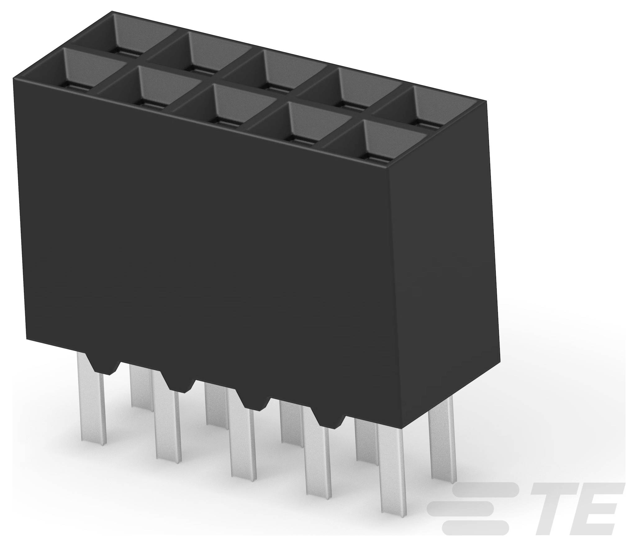 'TE Connectivity' right angle PCB connector with 10 metal pins and a black plastic casing, designed for electronic circuit board connections.