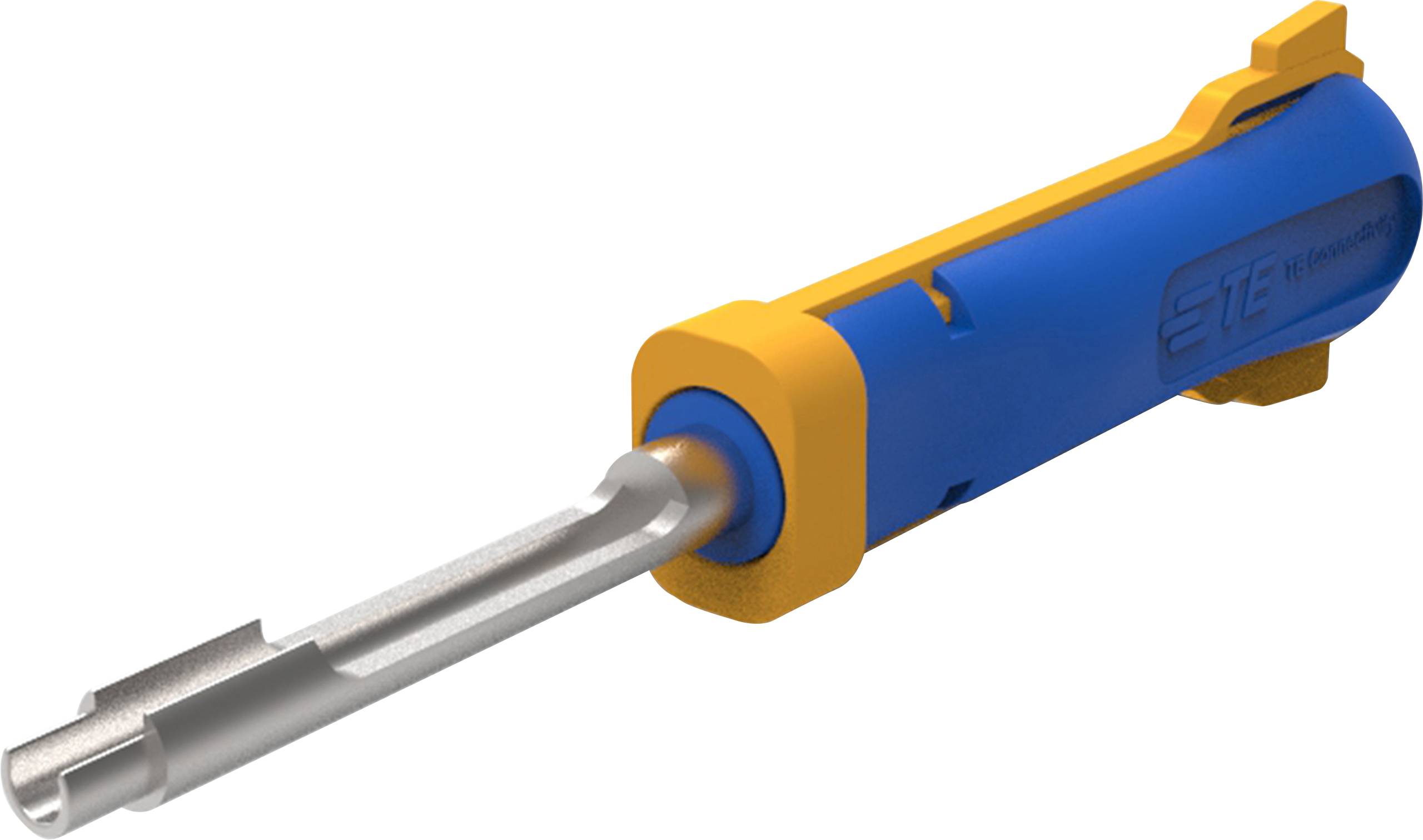 Un tournevis bleu et jaune avec un manche métallique long et étroit, adapté pour des vis à têtes spéciales.