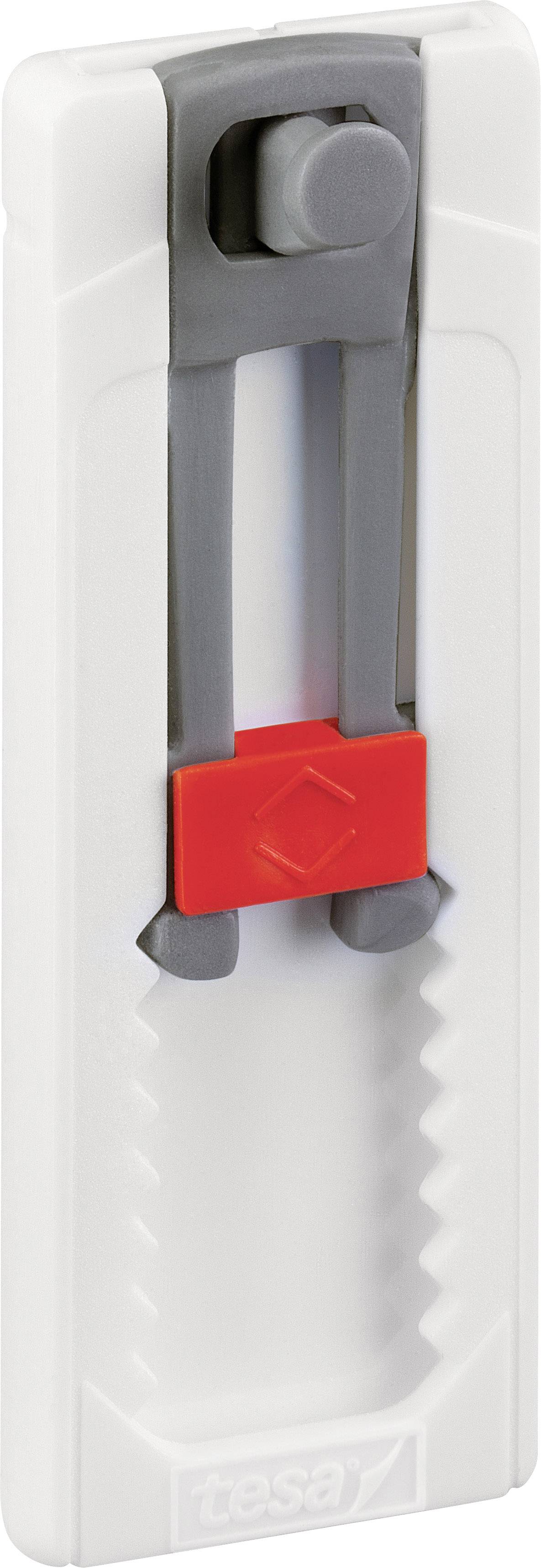 Un crochet mural blanc avec un mécanisme gris et un bouton coulissant rouge, conçu pour une fixation murale facile.