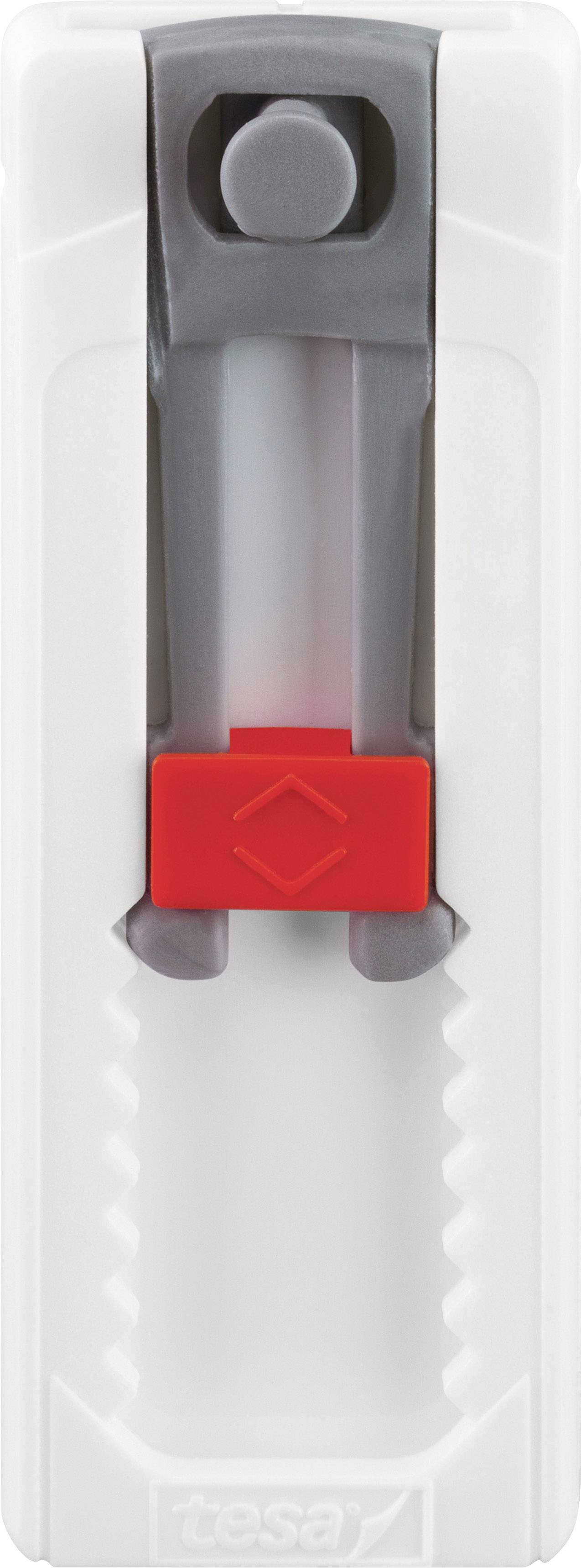 Dispositif blanc en plastique avec un levier gris et un bouton de verrouillage rouge, probablement un cadenas de sécurité ou un support mural.