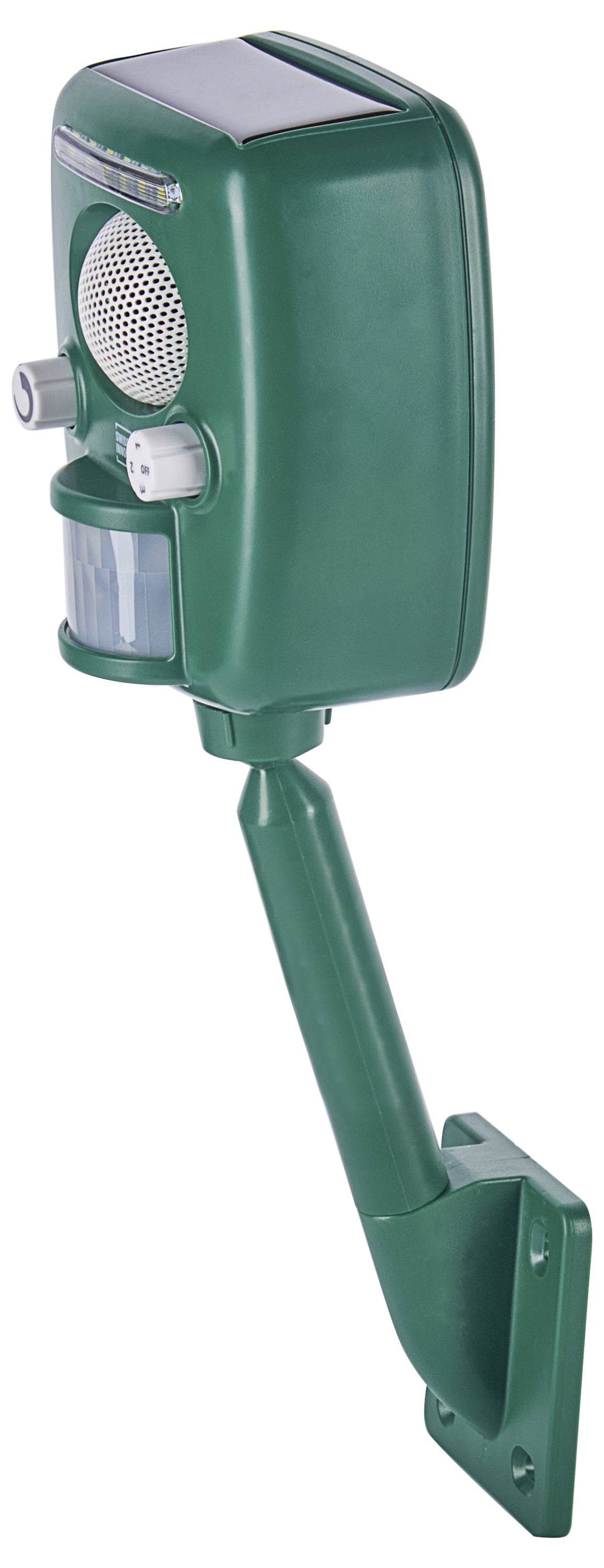 Appareil électronique vert avec un haut-parleur, des boutons de contrôle et un capteur de mouvement, monté sur un support ajustable.